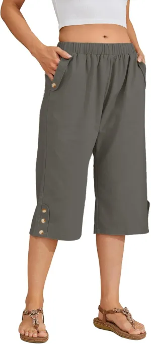Women Summer Capri Pants Casual Wide Leg Elastic Waist Lightweight Cropped Loose Pants with Pockets