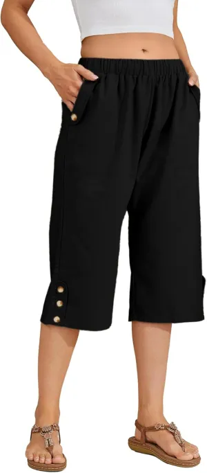 Women Summer Capri Pants Casual Wide Leg Elastic Waist Lightweight Cropped Loose Pants with Pockets
