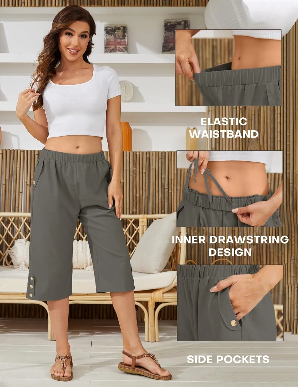 Women Summer Capri Pants Casual Wide Leg Elastic Waist Lightweight Cropped Loose Pants with Pockets