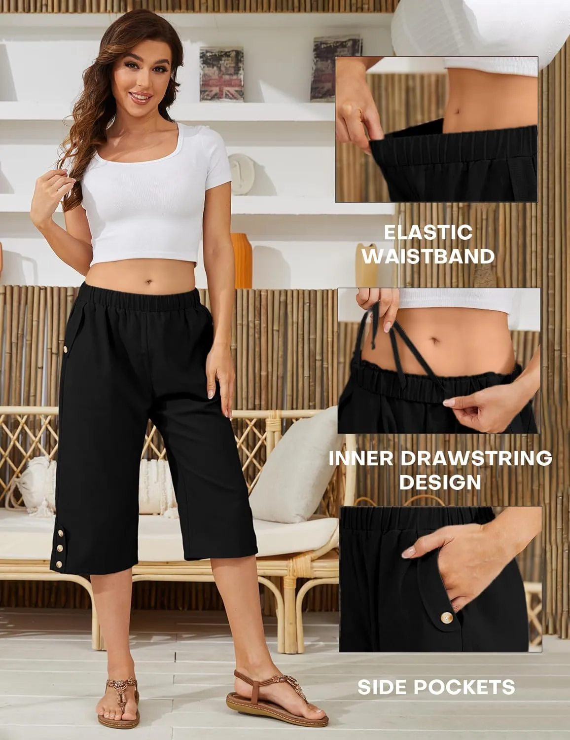 Women Summer Capri Pants Casual Wide Leg Elastic Waist Lightweight Cropped Loose Pants with Pockets