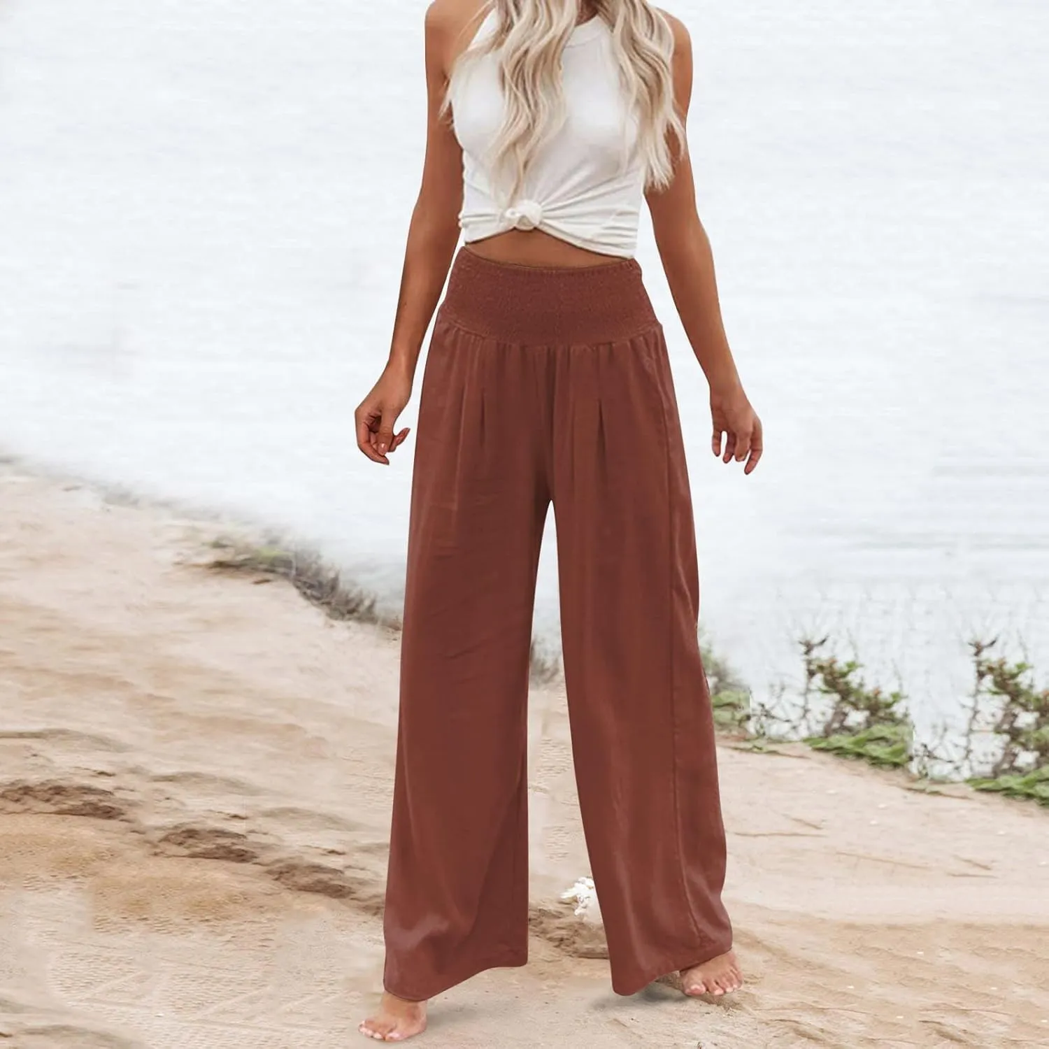 Women Summer High Waist Cotton Linen Palazzo Pants Wide Leg Long Lounge Pants with Pockets Boho Beach Flowy Trousers