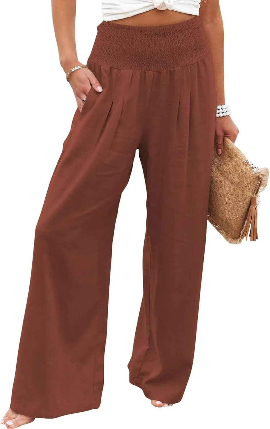 Women Summer High Waist Cotton Linen Palazzo Pants Wide Leg Long Lounge Pants with Pockets Boho Beach Flowy Trousers