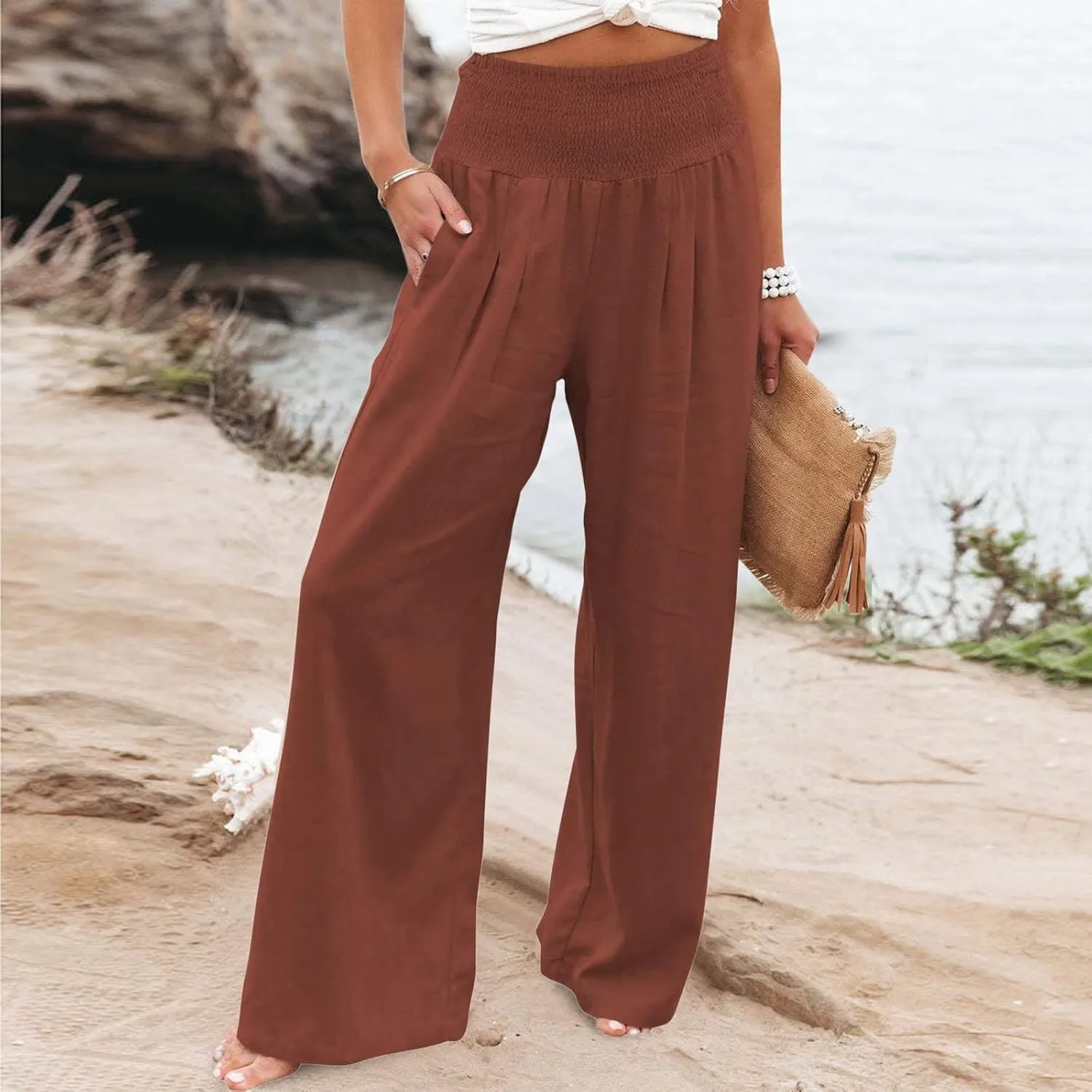 Women Summer High Waist Cotton Linen Palazzo Pants Wide Leg Long Lounge Pants with Pockets Boho Beach Flowy Trousers