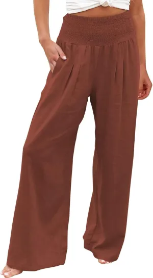 Women Summer High Waist Cotton Linen Palazzo Pants Wide Leg Long Lounge Pants with Pockets Boho Beach Flowy Trousers