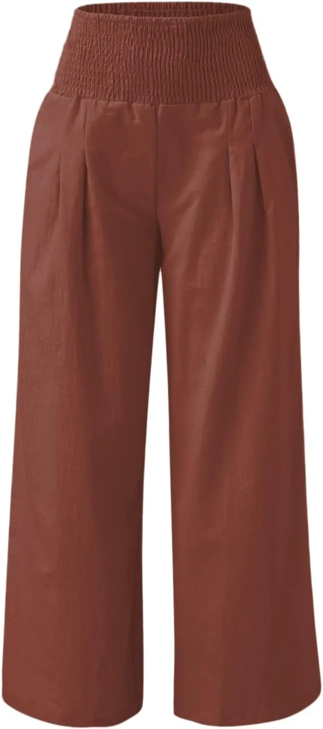 Women Summer High Waist Cotton Linen Palazzo Pants Wide Leg Long Lounge Pants with Pockets Boho Beach Flowy Trousers