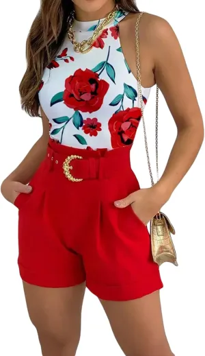 Women Summer Tops Pants Suit Sleeveless Round Neck Floral Print Vest   High Waist Trousers with Waist Belt
