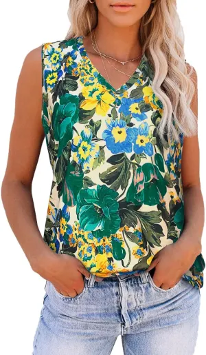 Women Summer Tops Sleeveless V Neck Tshirt Casual Loose Fit Tank Tunic Blouses