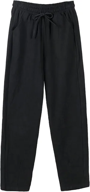 Women Wide Leg Linen Pant Summer Casual Pleated High Waist Drawstring Trouser Office Dress Tummy Control Trendy Pants