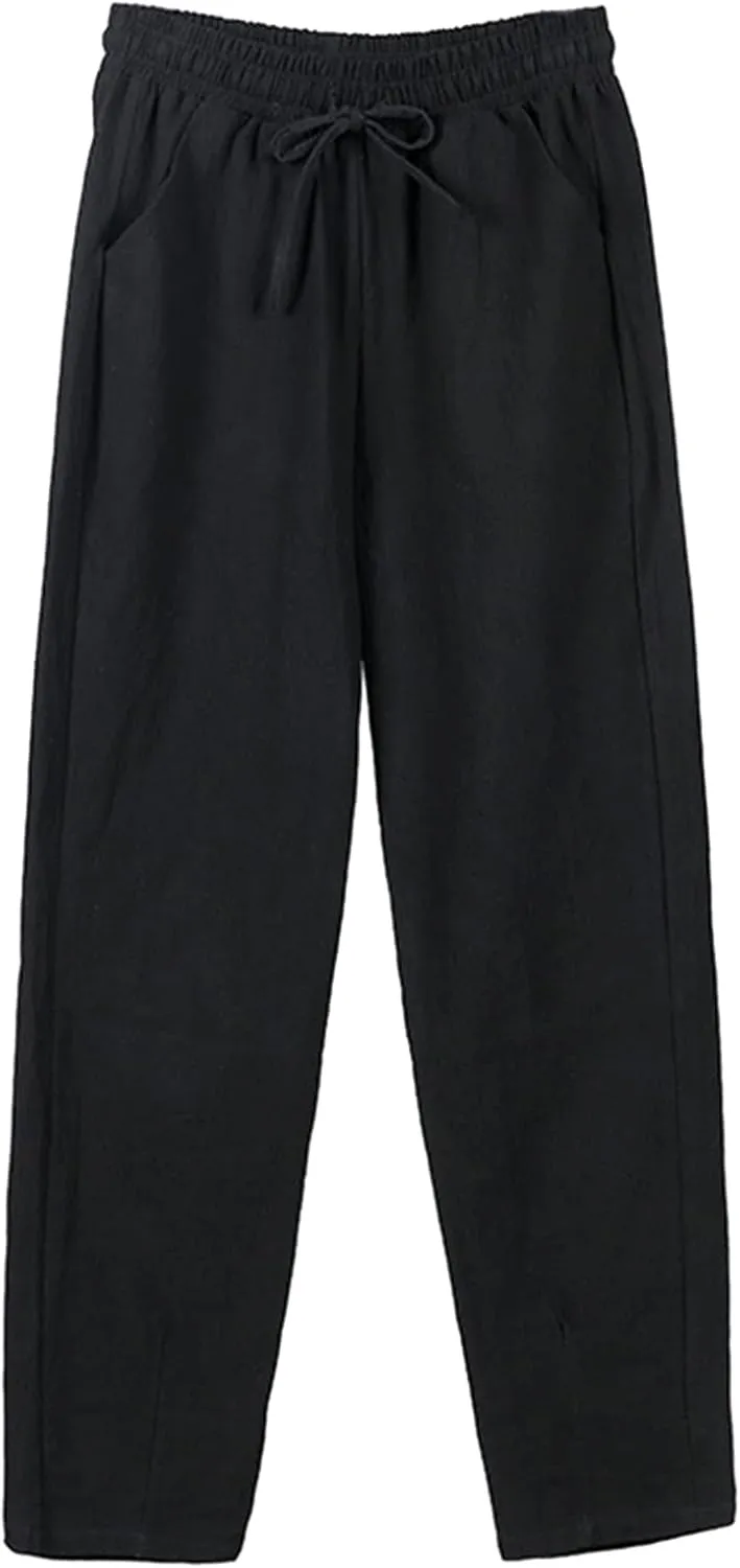 Women Wide Leg Linen Pant Summer Casual Pleated High Waist Drawstring Trouser Office Dress Tummy Control Trendy Pants