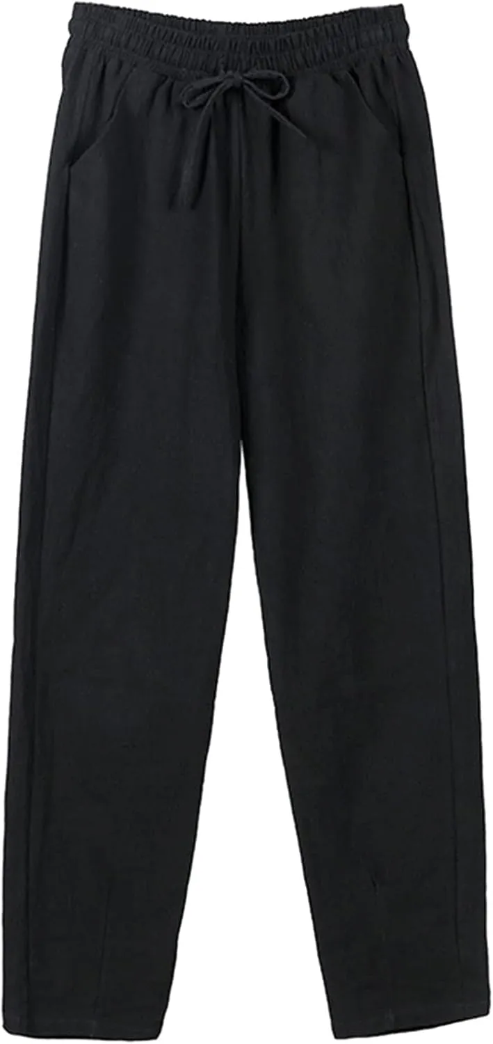 Women Wide Leg Linen Pant Summer Casual Pleated High Waist Drawstring Trouser Office Dress Tummy Control Trendy Pants