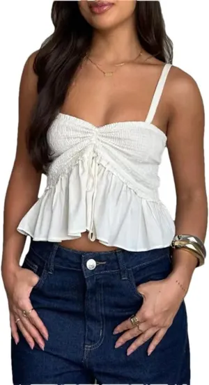Women Y2K Babydoll Peplum Cami Shirt Spaghetti Strap V Neck Ruffle Hem Camisole Sleeveless Tops