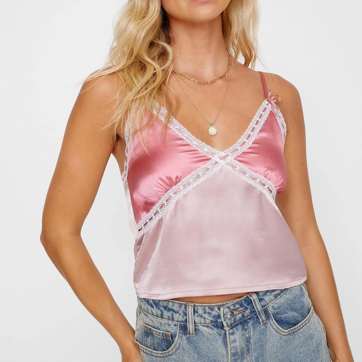 Women Y2k Lace Trim Satin Camisole Pleated Bust Spaghetti Strap Tank Top Backless Silk Cami Shirt Cute Summer Tops 2025