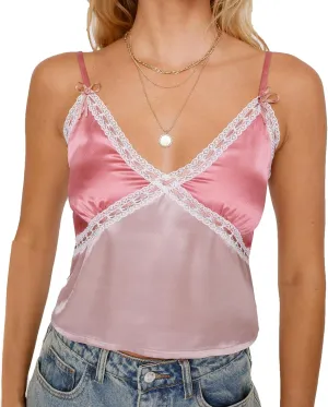 Women Y2k Lace Trim Satin Camisole Pleated Bust Spaghetti Strap Tank Top Backless Silk Cami Shirt Cute Summer Tops 2025