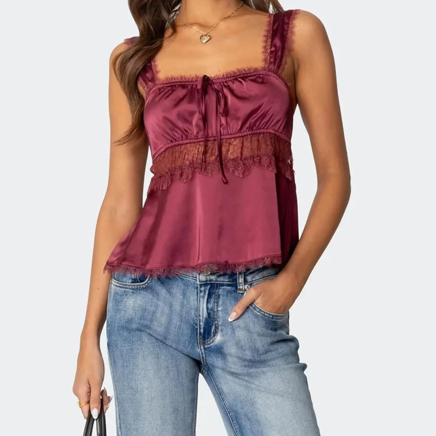 Women Y2k Lace Trim Satin Camisole Pleated Bust Spaghetti Strap Tank Top Backless Silk Cami Shirt Cute Summer Tops 2025