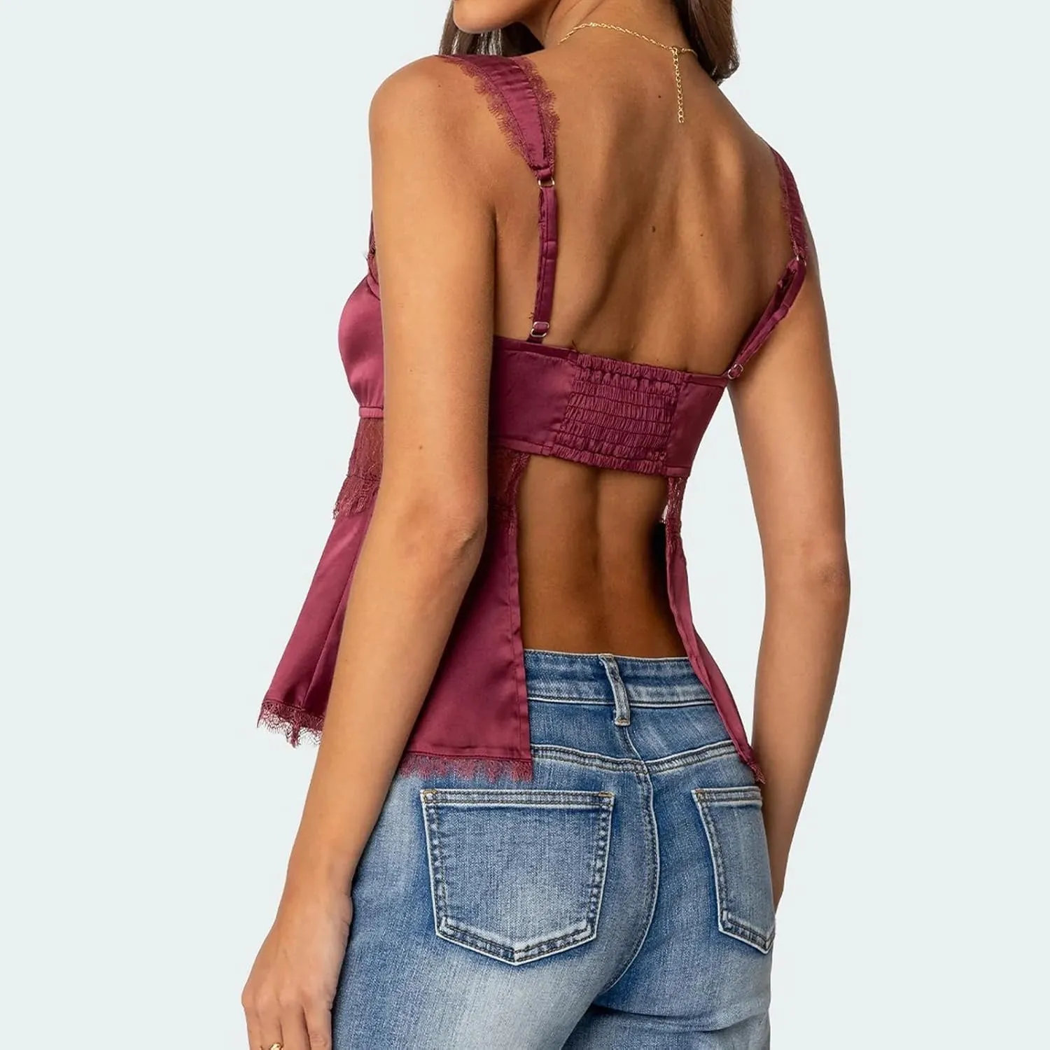Women Y2k Lace Trim Satin Camisole Pleated Bust Spaghetti Strap Tank Top Backless Silk Cami Shirt Cute Summer Tops 2025