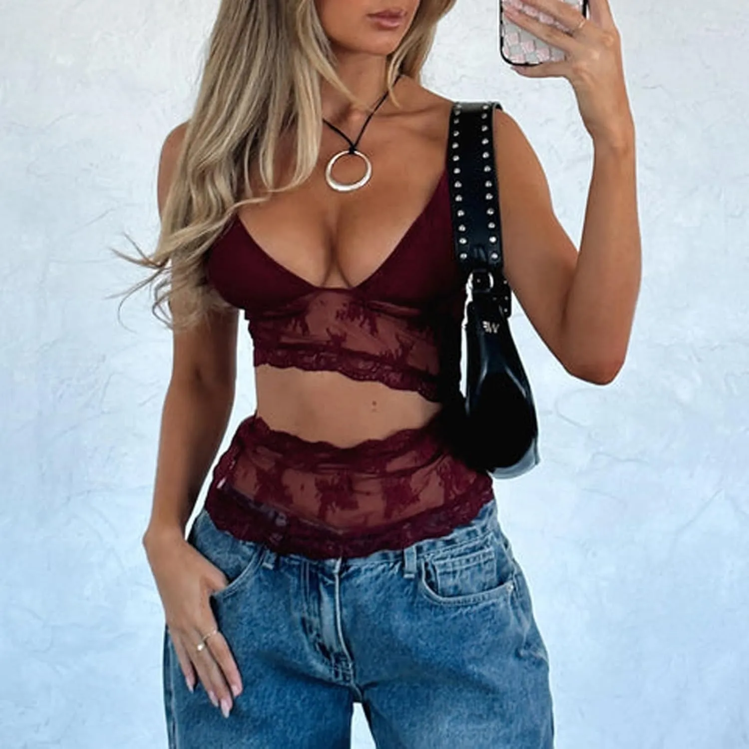 Women Y2k Lace Trim Tank Crop Tops Going Out Spaghetti Strap Lace Camisole Slim Fit Basic Cami Shirts Streetwear