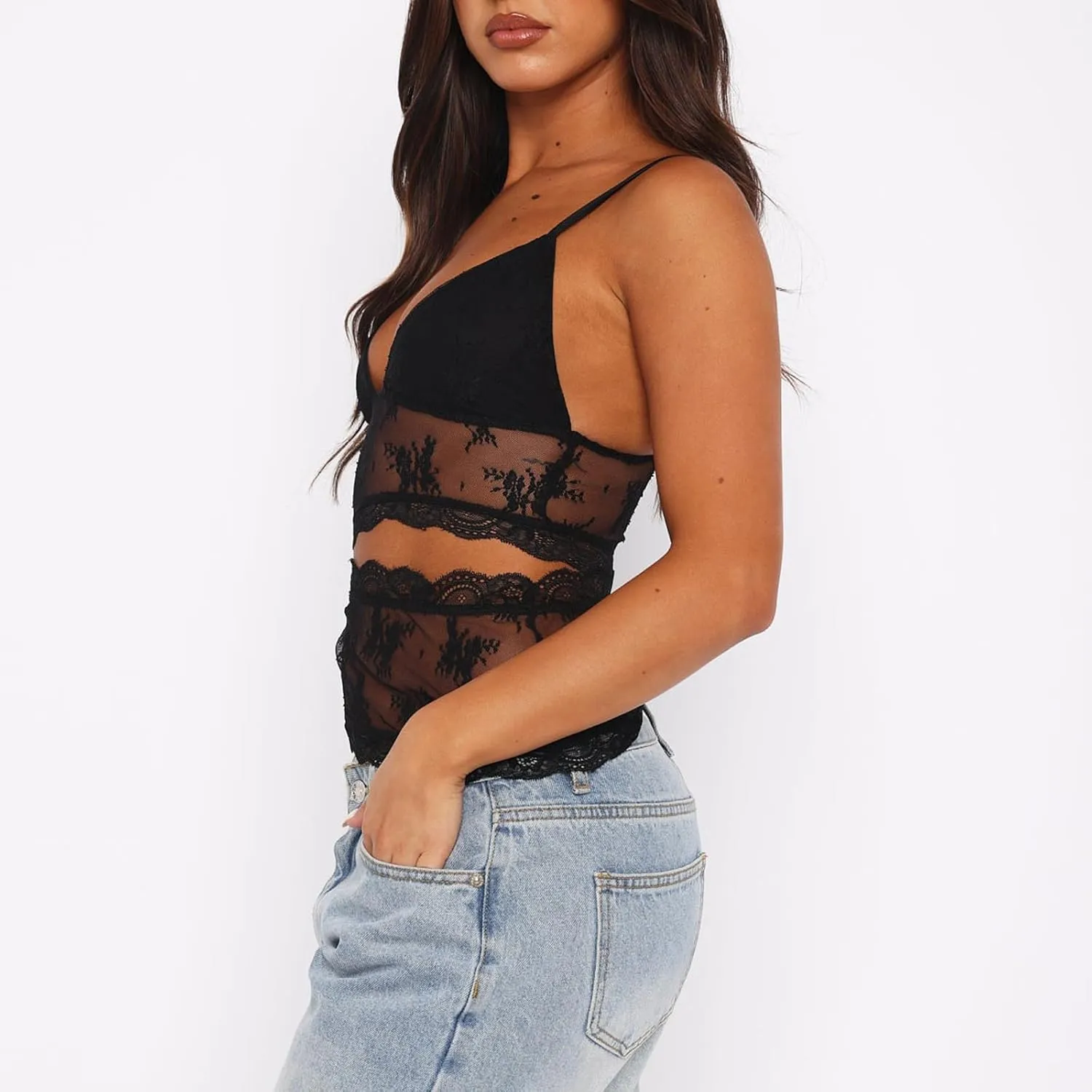 Women Y2k Lace Trim Tank Crop Tops Going Out Spaghetti Strap Lace Camisole Slim Fit Basic Cami Shirts Streetwear