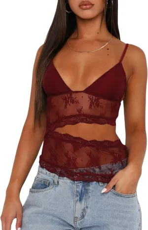 Women Y2k Lace Trim Tank Crop Tops Going Out Spaghetti Strap Lace Camisole Slim Fit Basic Cami Shirts Streetwear