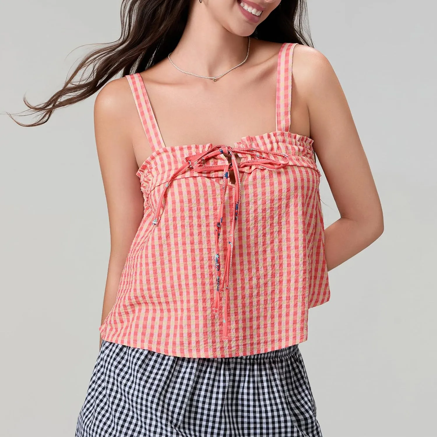 Women Y2K Plaid Tank Tops Sleeveless Spaghetti Strap Tie Front Gingham Peplum Shirts Ruffle Hem Camisole Top Streetwear