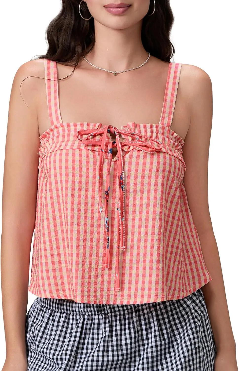 Women Y2K Plaid Tank Tops Sleeveless Spaghetti Strap Tie Front Gingham Peplum Shirts Ruffle Hem Camisole Top Streetwear