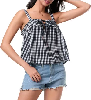 Women Y2K Plaid Tank Tops Sleeveless Spaghetti Strap Tie Front Gingham Peplum Shirts Ruffle Hem Camisole Top Streetwear