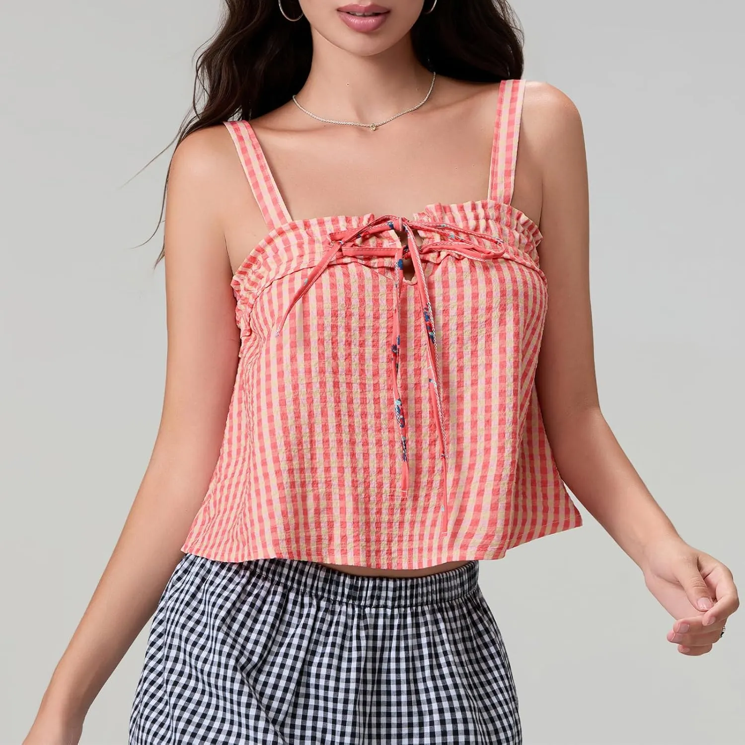 Women Y2K Plaid Tank Tops Sleeveless Spaghetti Strap Tie Front Gingham Peplum Shirts Ruffle Hem Camisole Top Streetwear