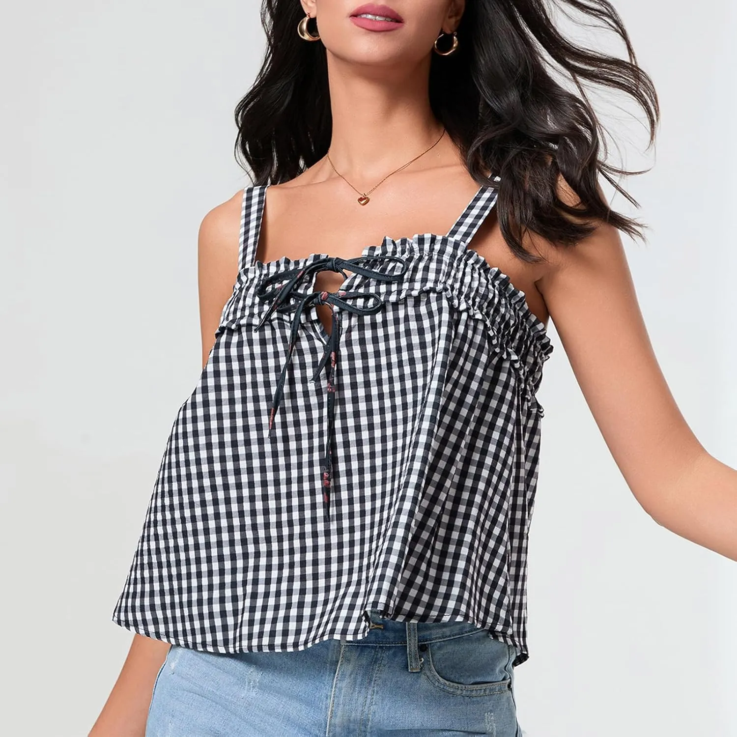 Women Y2K Plaid Tank Tops Sleeveless Spaghetti Strap Tie Front Gingham Peplum Shirts Ruffle Hem Camisole Top Streetwear