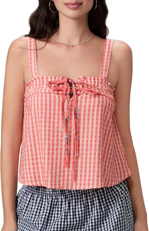 Women Y2K Plaid Tank Tops Sleeveless Spaghetti Strap Tie Front Gingham Peplum Shirts Ruffle Hem Camisole Top Streetwear