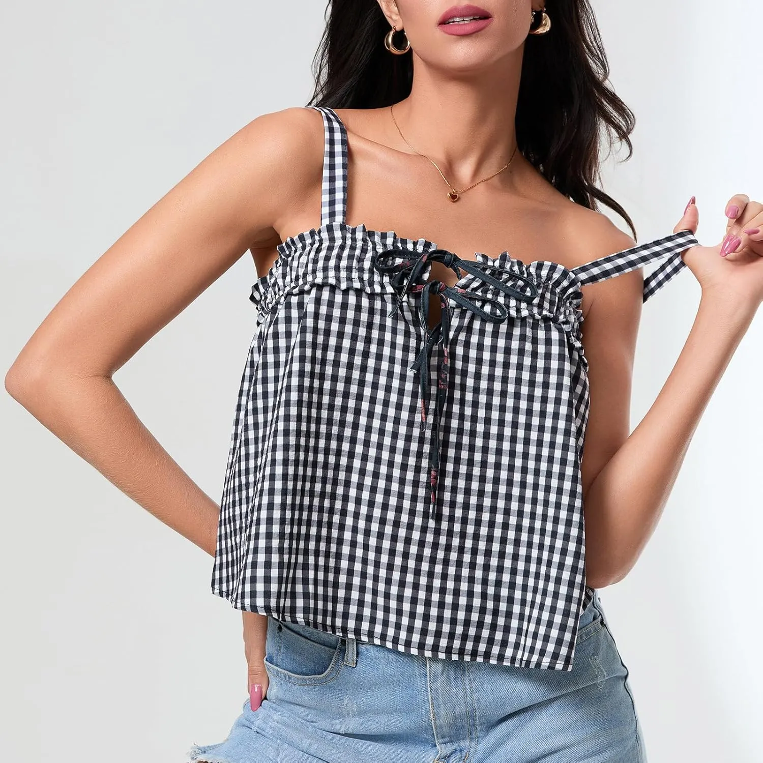 Women Y2K Plaid Tank Tops Sleeveless Spaghetti Strap Tie Front Gingham Peplum Shirts Ruffle Hem Camisole Top Streetwear