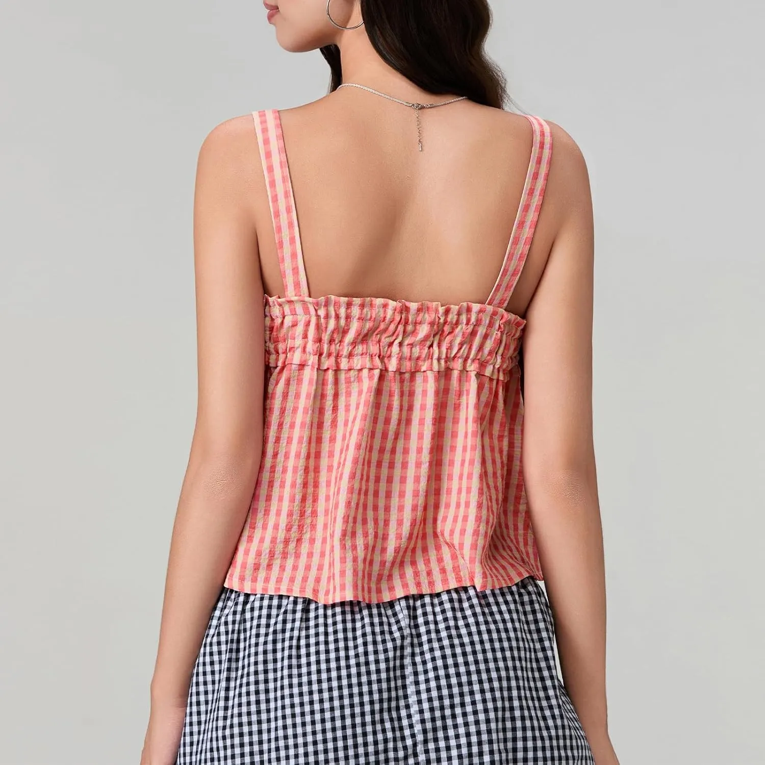 Women Y2K Plaid Tank Tops Sleeveless Spaghetti Strap Tie Front Gingham Peplum Shirts Ruffle Hem Camisole Top Streetwear
