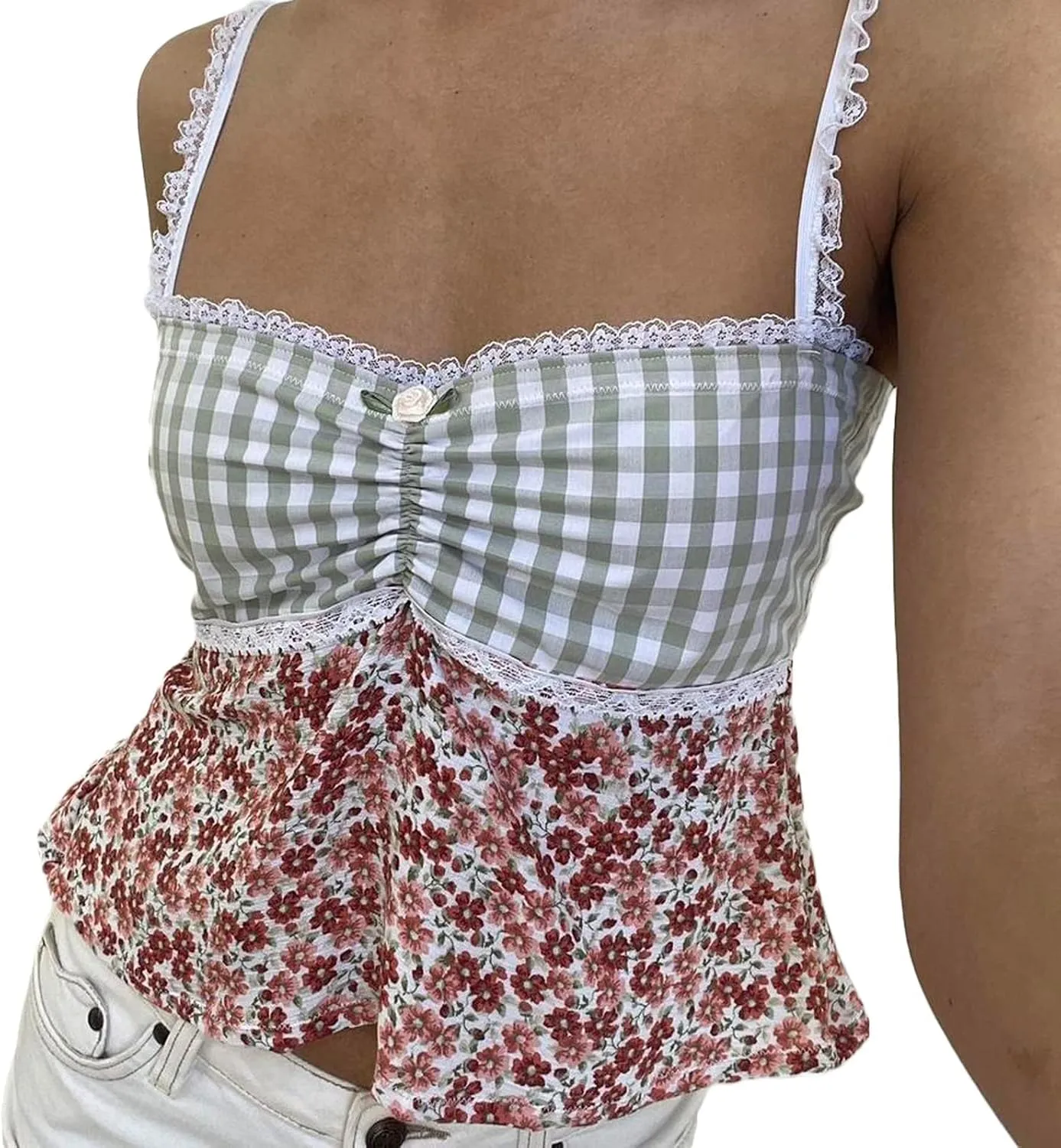 Women Y2k Spaghetti Strap Lace Camisole Sleeveless Floral Ruffle Crop Cami Top Slim Fit Going Out Tops Streetwear