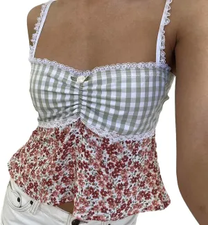 Women Y2k Spaghetti Strap Lace Camisole Sleeveless Floral Ruffle Crop Cami Top Slim Fit Going Out Tops Streetwear