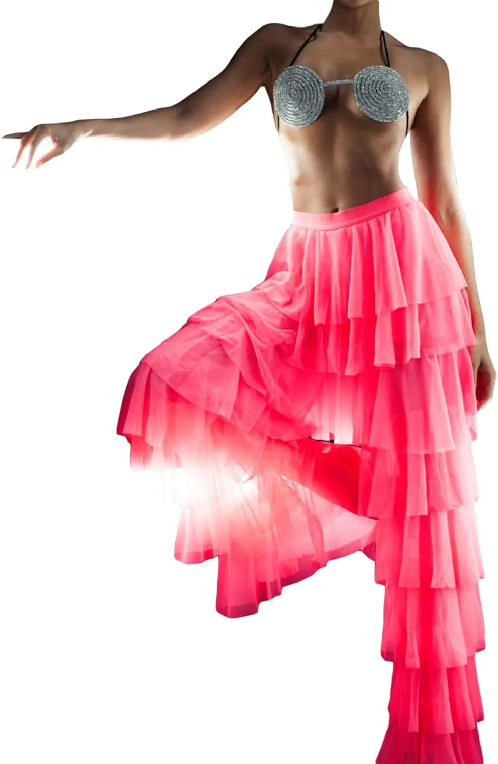 Women Y2k Tulle Mesh Wide Leg Pants High Waist Multi Layer Solid Trousers Sheer Ruffle Tiered Loose Pants