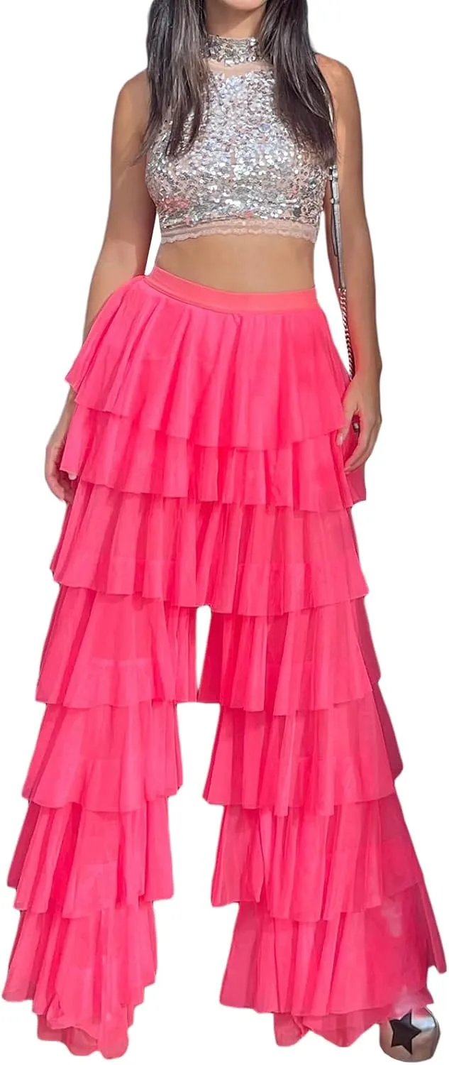Women Y2k Tulle Mesh Wide Leg Pants High Waist Multi Layer Solid Trousers Sheer Ruffle Tiered Loose Pants