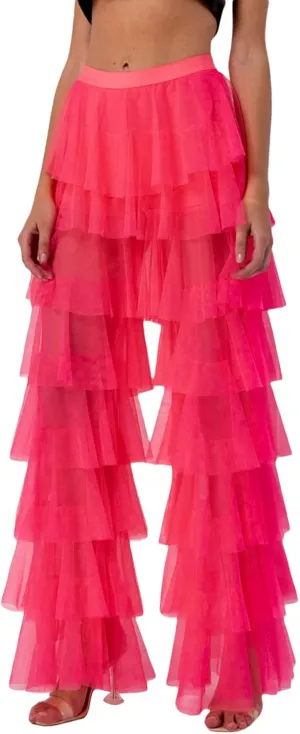 Women Y2k Tulle Mesh Wide Leg Pants High Waist Multi Layer Solid Trousers Sheer Ruffle Tiered Loose Pants