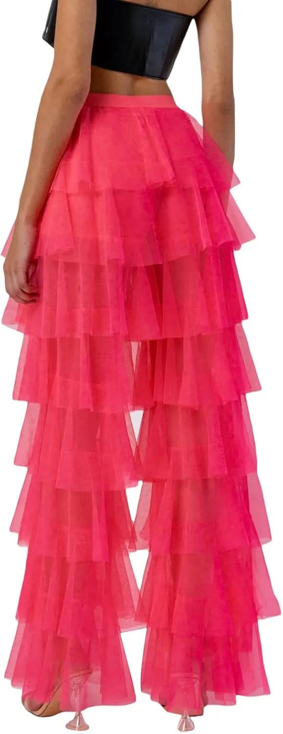 Women Y2k Tulle Mesh Wide Leg Pants High Waist Multi Layer Solid Trousers Sheer Ruffle Tiered Loose Pants