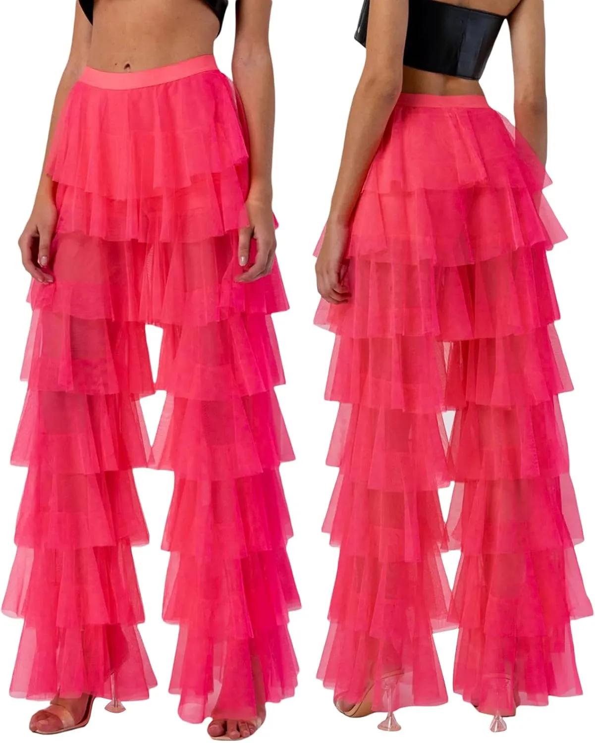 Women Y2k Tulle Mesh Wide Leg Pants High Waist Multi Layer Solid Trousers Sheer Ruffle Tiered Loose Pants