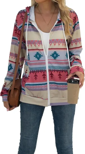 Women's Aztec Pattern Western Coats Ethnic Style Hooded Sweatshirts Casual Long Sleeve Zip Up Vintage Jackets