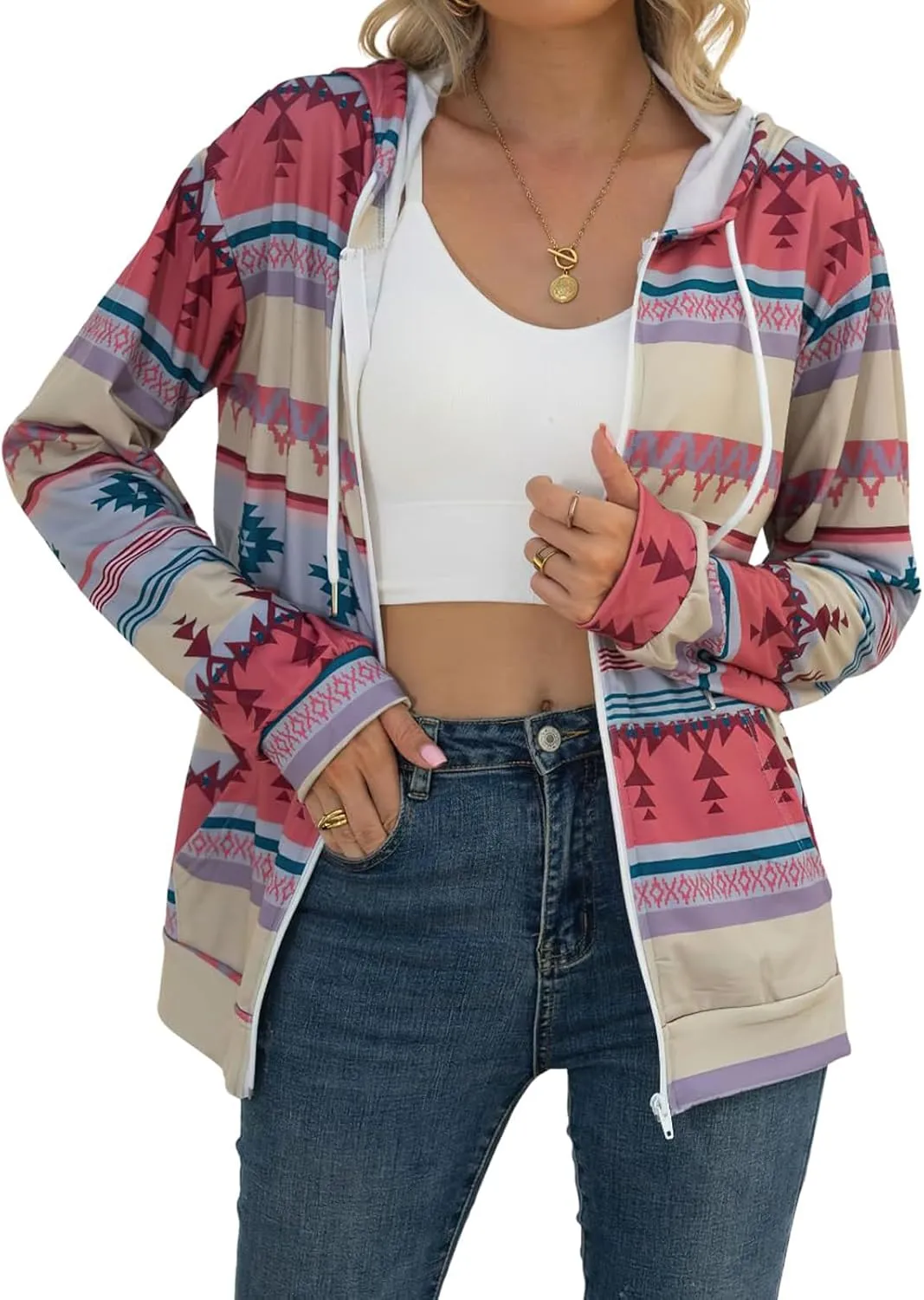 Women's Aztec Pattern Western Coats Ethnic Style Hooded Sweatshirts Casual Long Sleeve Zip Up Vintage Jackets