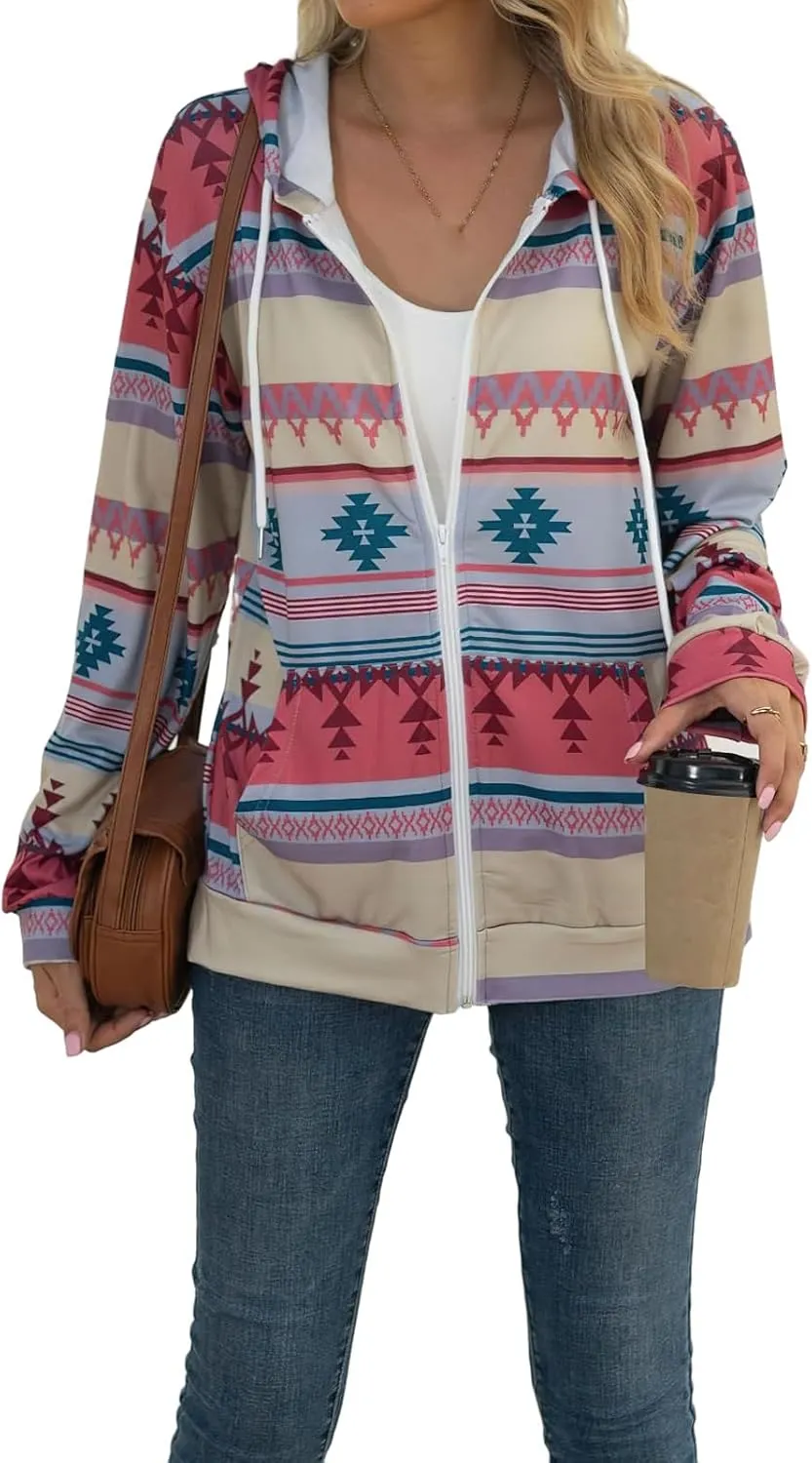 Women's Aztec Pattern Western Coats Ethnic Style Hooded Sweatshirts Casual Long Sleeve Zip Up Vintage Jackets