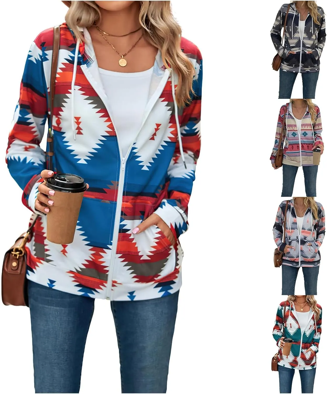 Women's Aztec Pattern Western Coats Ethnic Style Hooded Sweatshirts Casual Long Sleeve Zip Up Vintage Jackets