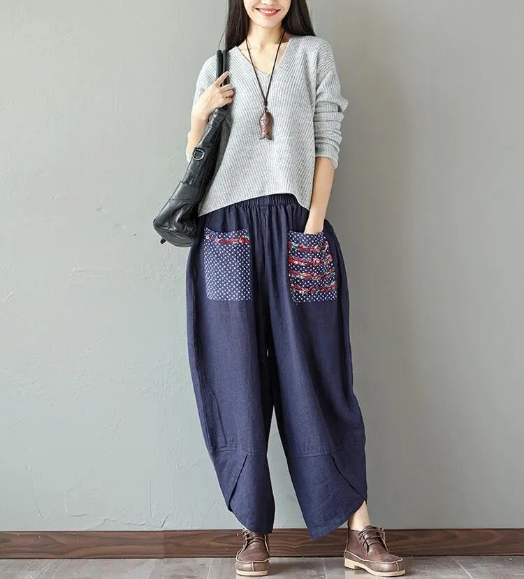 Women's Baggy Linen Wide Leg Trousers Casual Patchwark Harlan Pants Elastic Waist Harem Pants with Pocket S-5XL