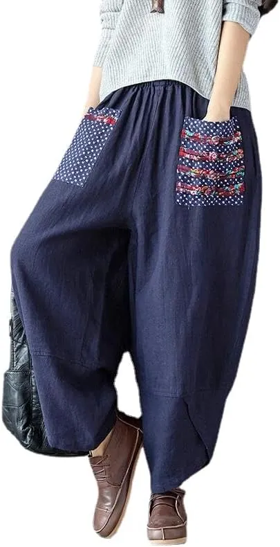 Women's Baggy Linen Wide Leg Trousers Casual Patchwark Harlan Pants Elastic Waist Harem Pants with Pocket S-5XL