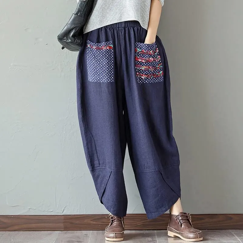 Women's Baggy Linen Wide Leg Trousers Casual Patchwark Harlan Pants Elastic Waist Harem Pants with Pocket S-5XL