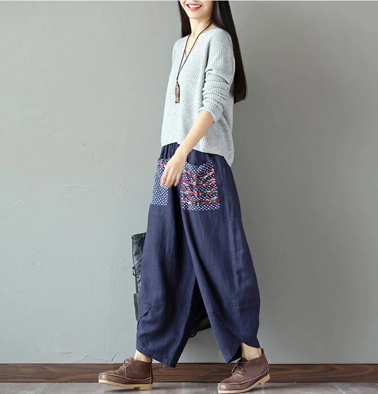 Women's Baggy Linen Wide Leg Trousers Casual Patchwark Harlan Pants Elastic Waist Harem Pants with Pocket S-5XL