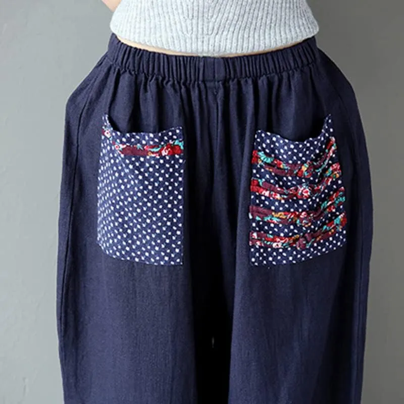 Women's Baggy Linen Wide Leg Trousers Casual Patchwark Harlan Pants Elastic Waist Harem Pants with Pocket S-5XL