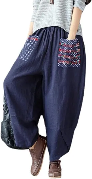 Women's Baggy Linen Wide Leg Trousers Casual Patchwark Harlan Pants Elastic Waist Harem Pants with Pocket S-5XL