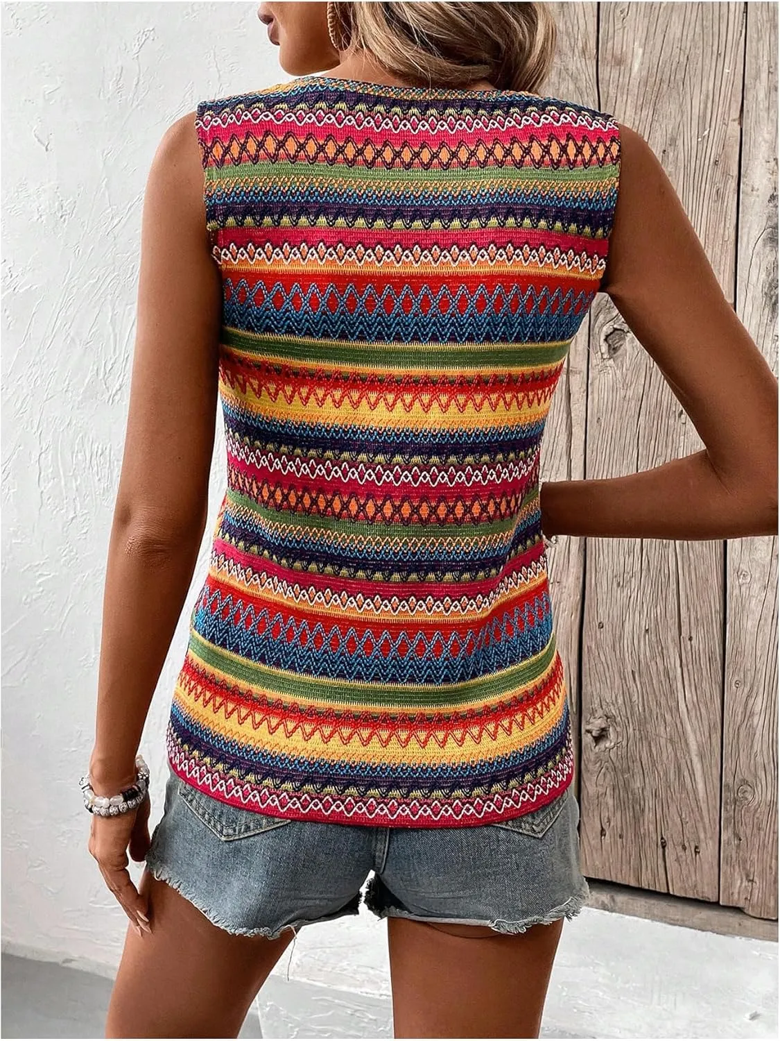 Women's Boho Tank Tops 2024 Causal Summer Sleeveless Vest Tops Geo Print Crewneck Shirts