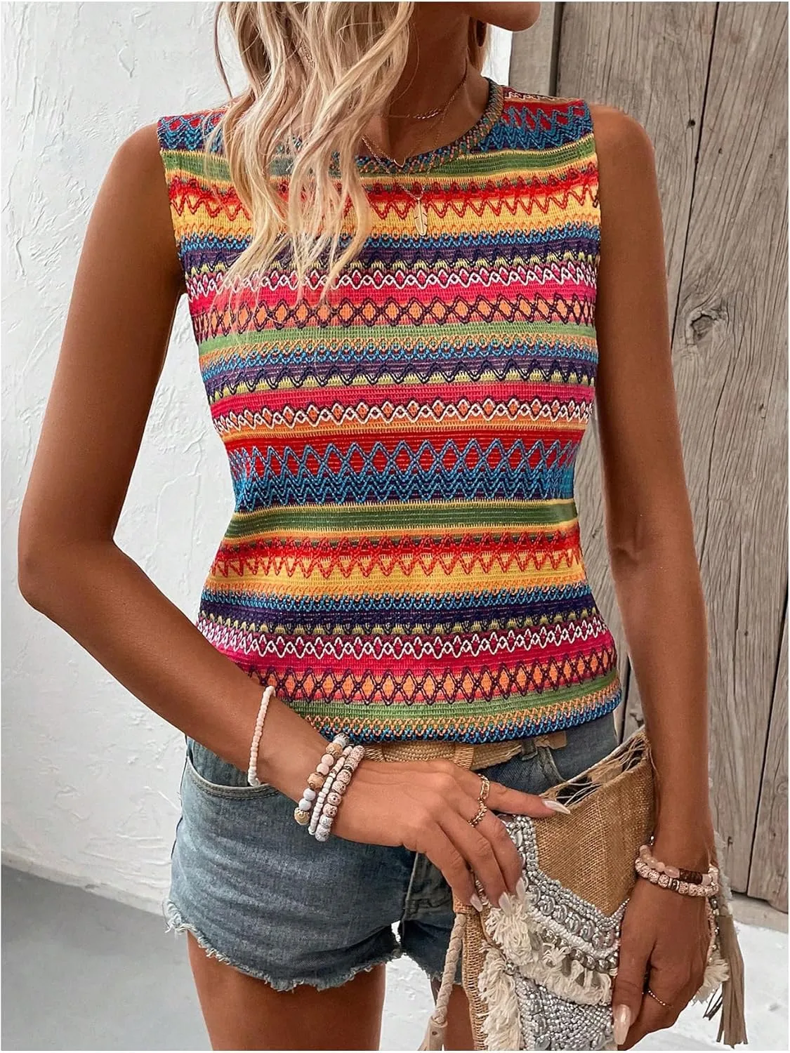 Women's Boho Tank Tops 2024 Causal Summer Sleeveless Vest Tops Geo Print Crewneck Shirts