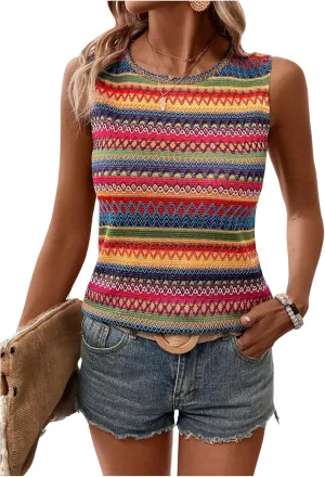 Women's Boho Tank Tops 2024 Causal Summer Sleeveless Vest Tops Geo Print Crewneck Shirts